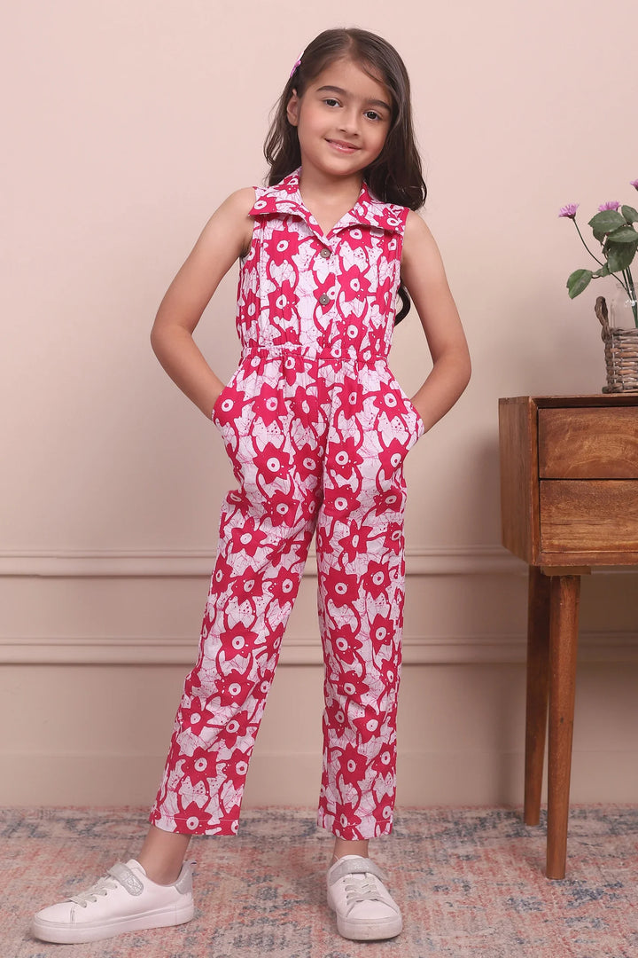 Fashionably Fuchsia: Sleeveless Collared Cotton Jumpsuit Mom and Daughter Twinning Set