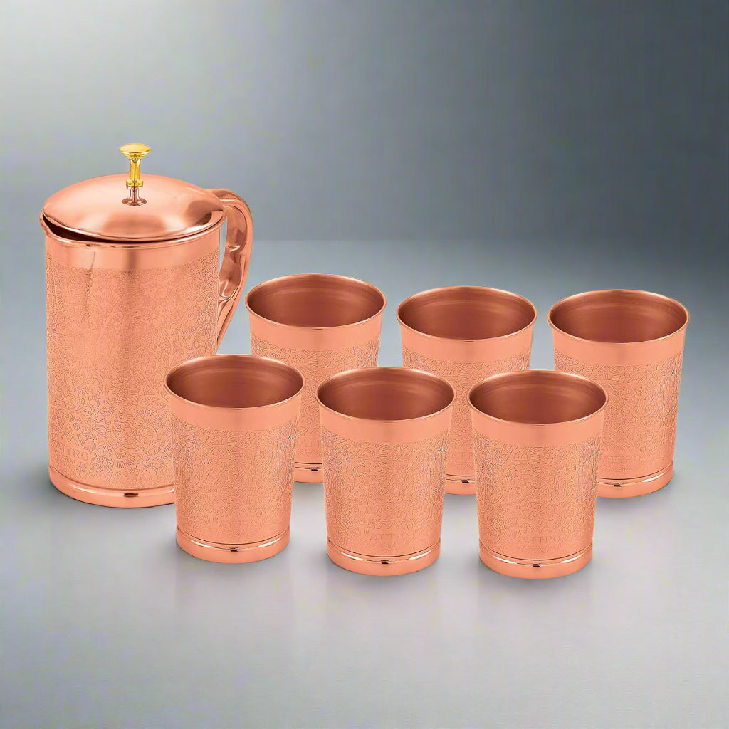 Attro Pure Copper Kumbh Jug 1.25L with Glass Set | Carving Finish