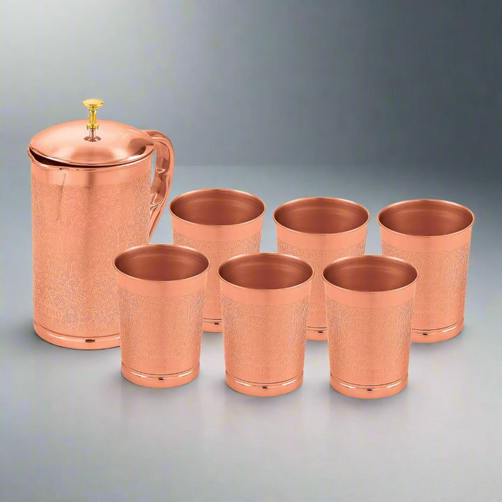 Attro Pure Copper Kumbh Jug 1.25L with Glass Set | Carving Finish