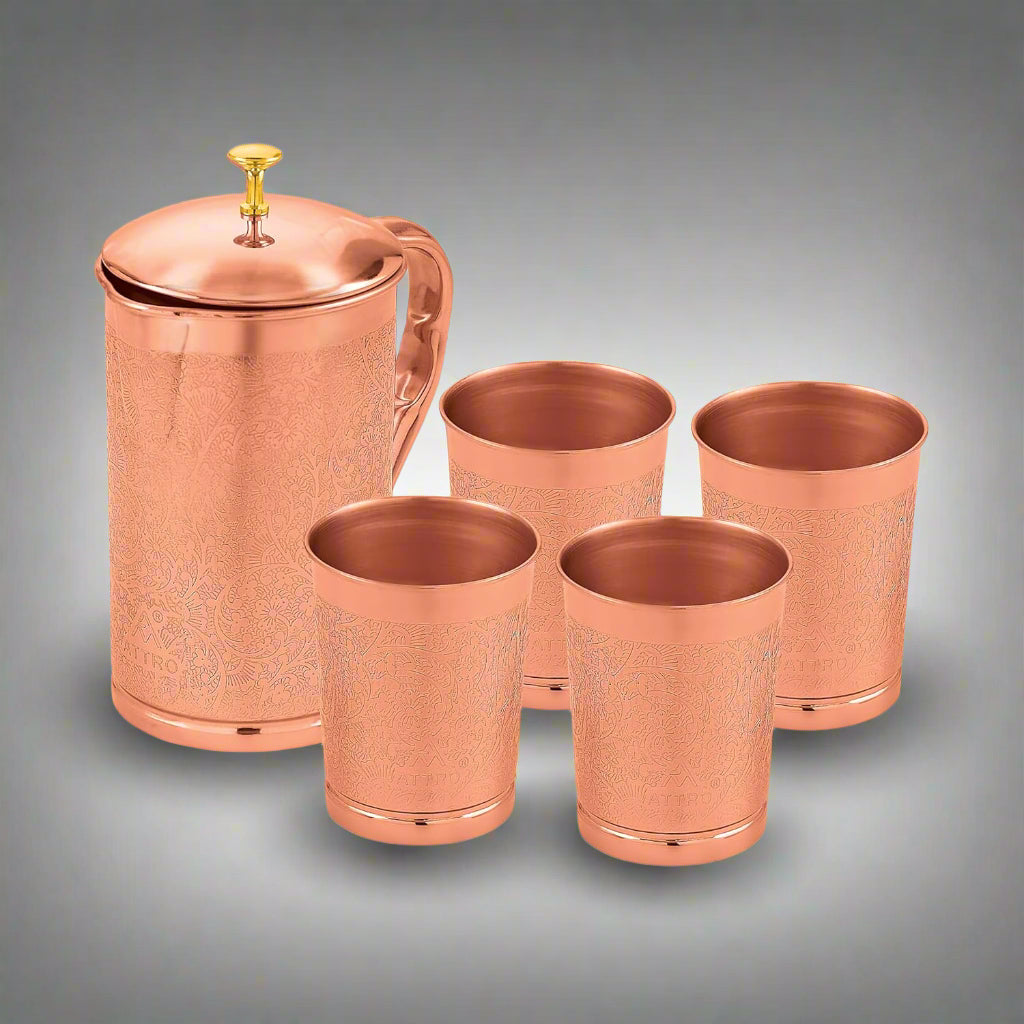 Attro Pure Copper Kumbh Jug 1.25L with Glass Set | Carving Finish