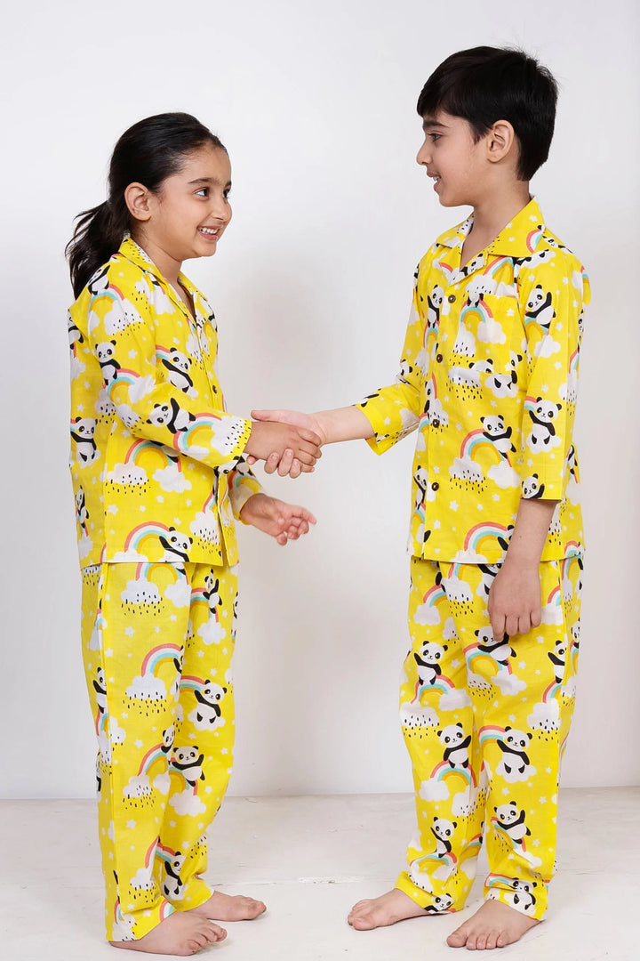 Lemony Yellow and White Floral Printed Night Suit Set For Brother and Sister