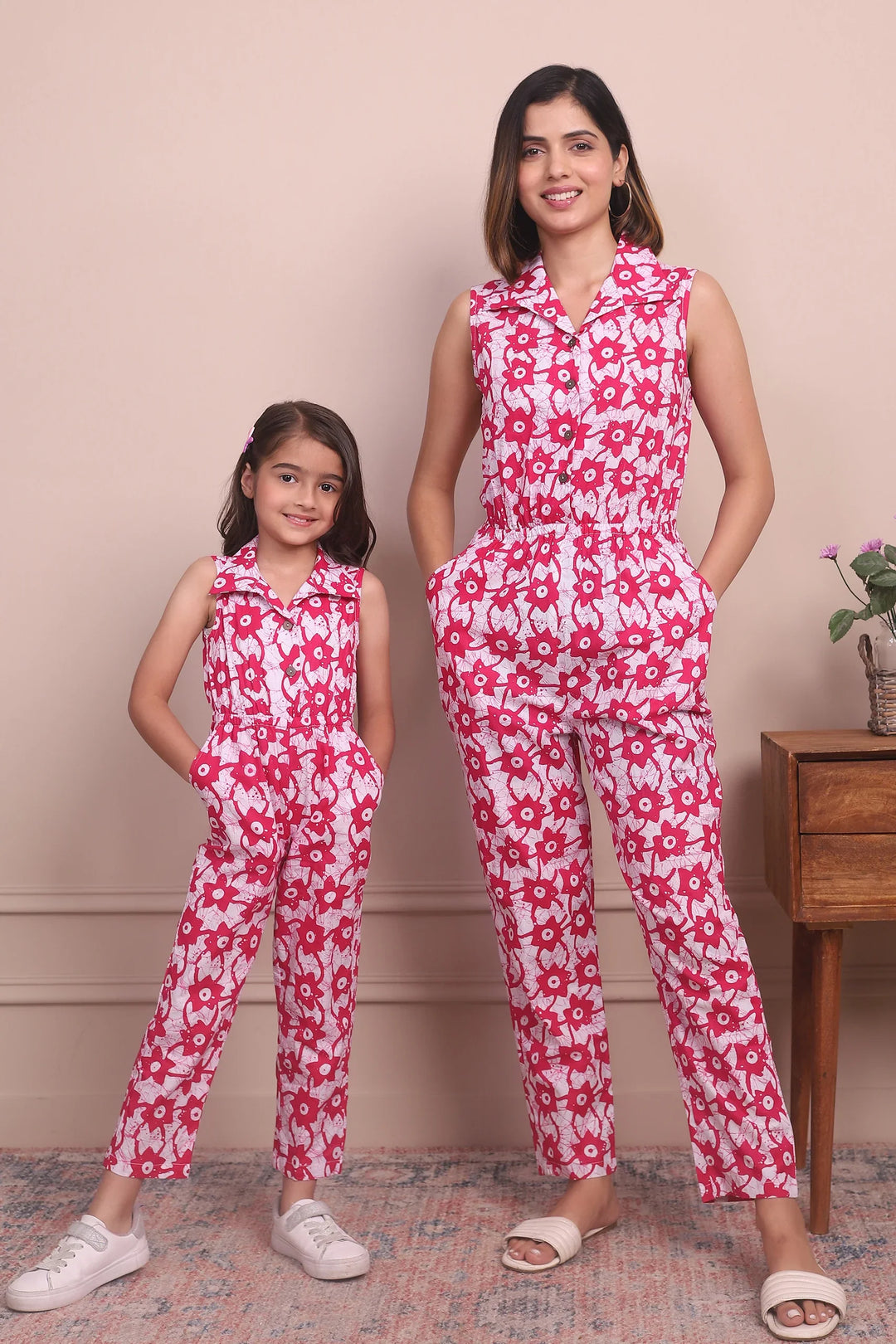 Fashionably Fuchsia: Sleeveless Collared Cotton Jumpsuit Mom and Daughter Twinning Set