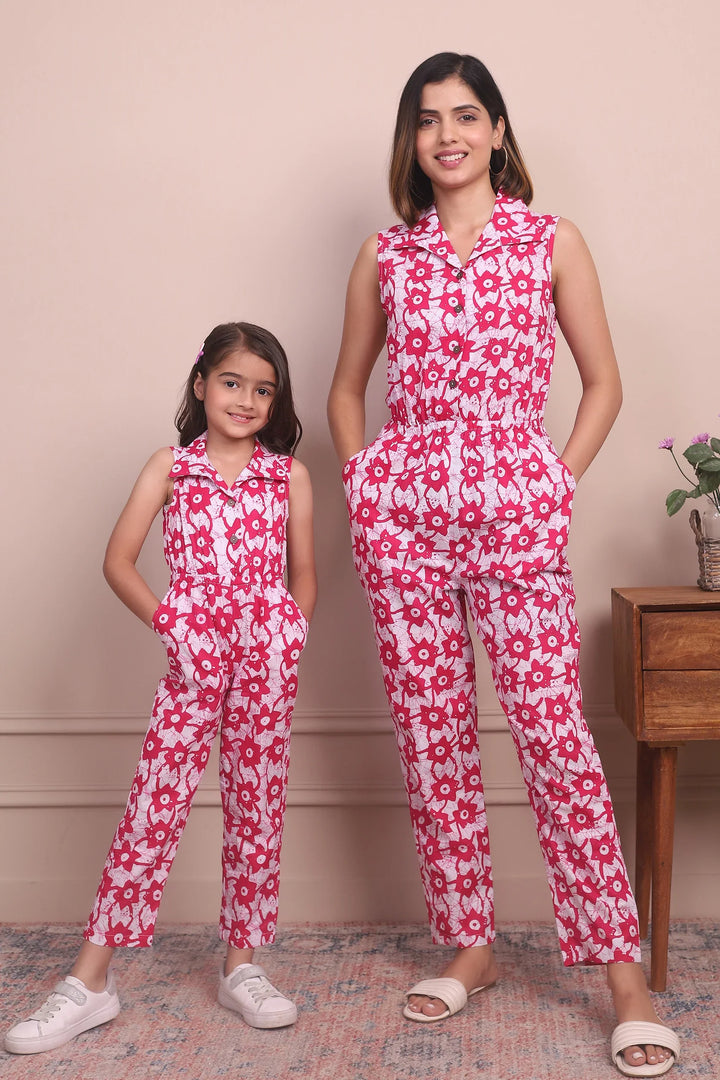 Fashionably Fuchsia: Sleeveless Collared Cotton Jumpsuit Mom and Daughter Twinning Set