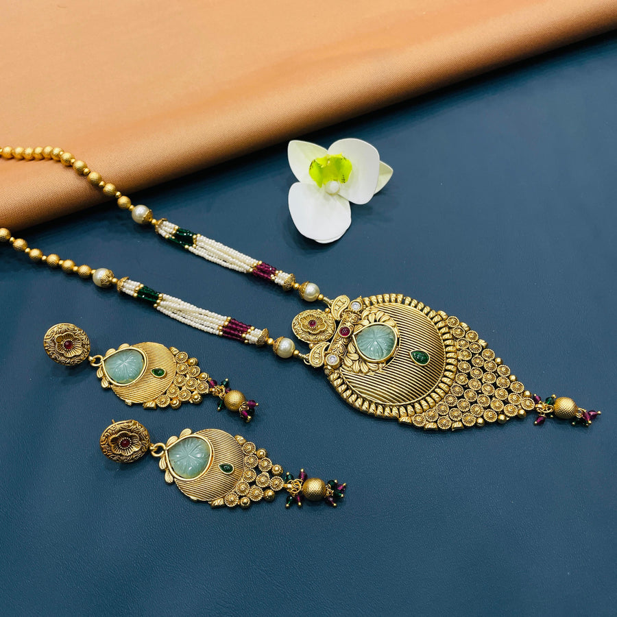 Designer long necklace with antique craftsmanship, perfect for brides.