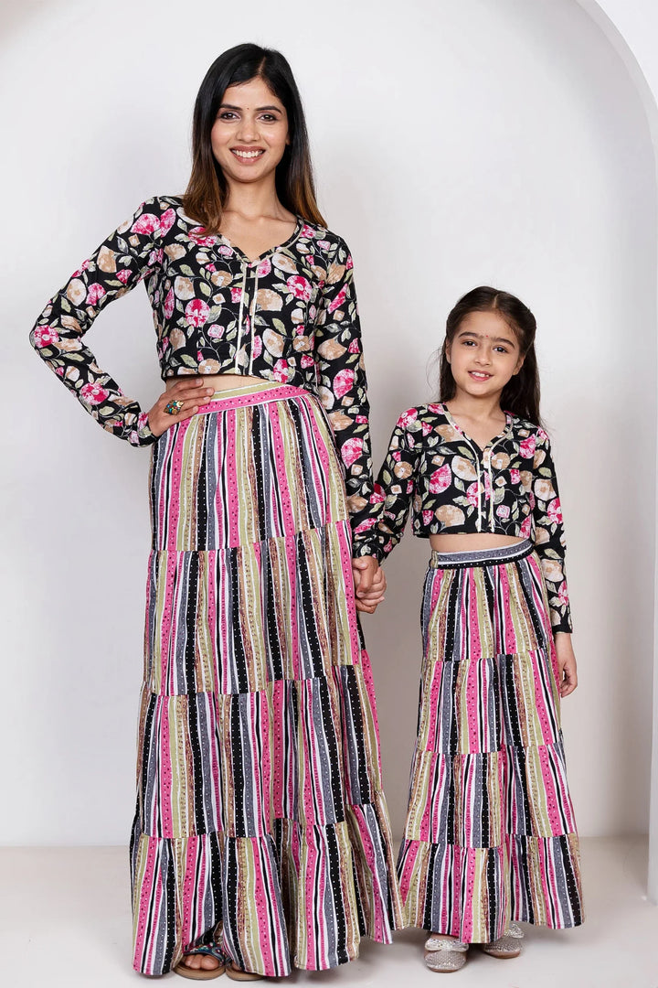 Black with Multi Color Floral Printed Lehenga With Matching Dupatta For Mom and Daughter Twin Set