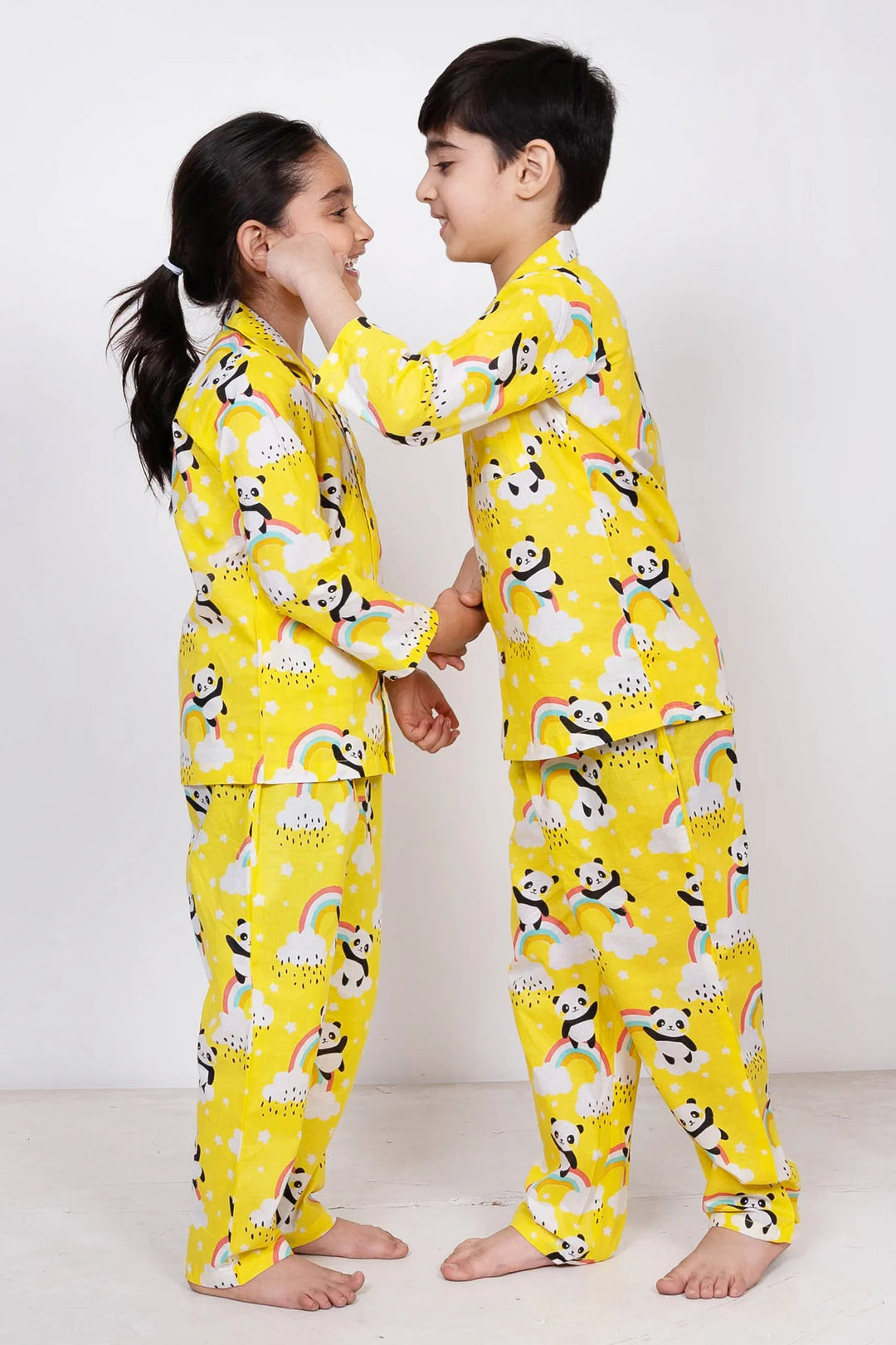 Lemony Yellow and White Floral Printed Night Suit Set For Brother and Sister