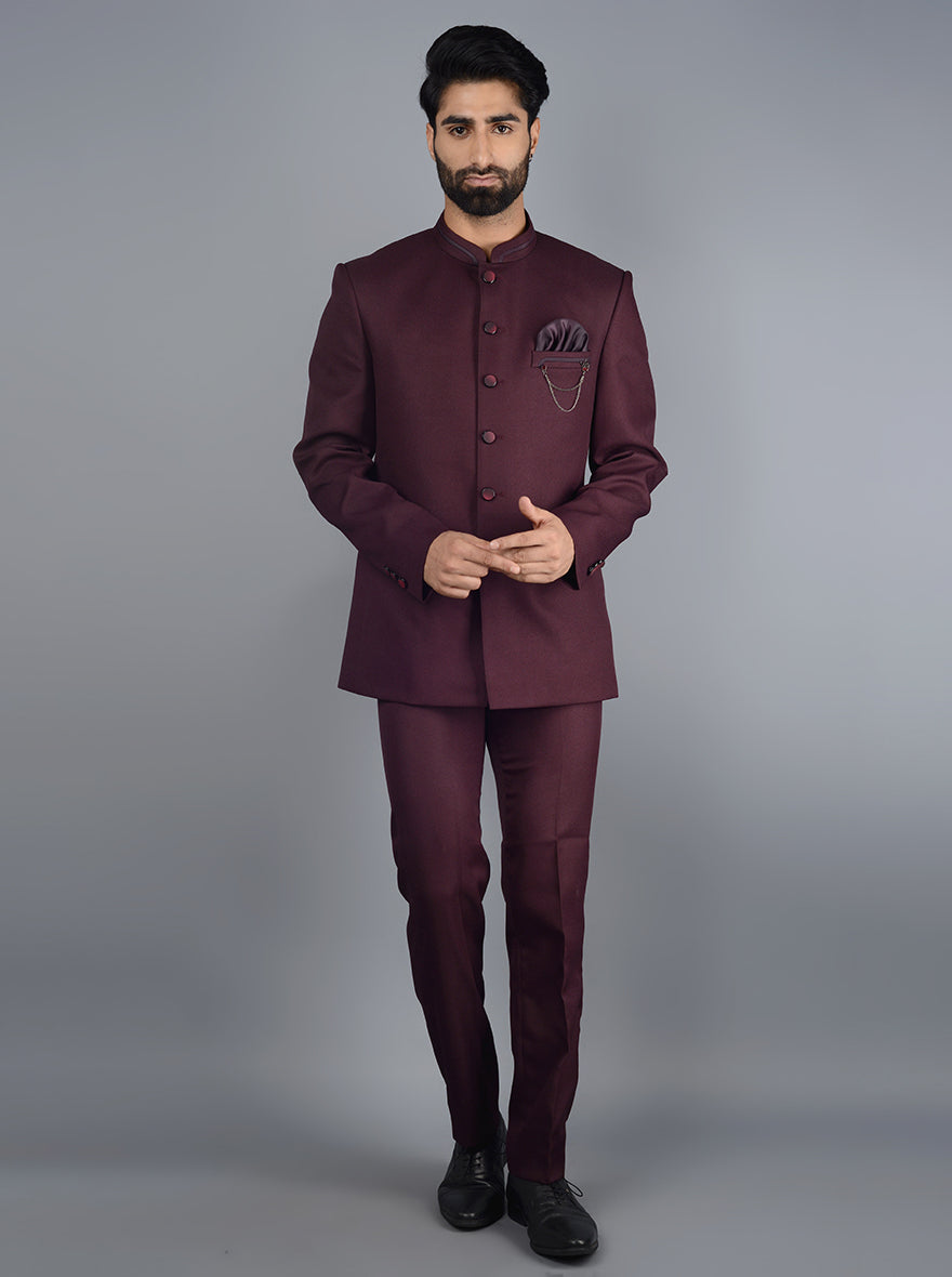 Classic wine jodhpuri suit with mandarin collar and full sleeves.