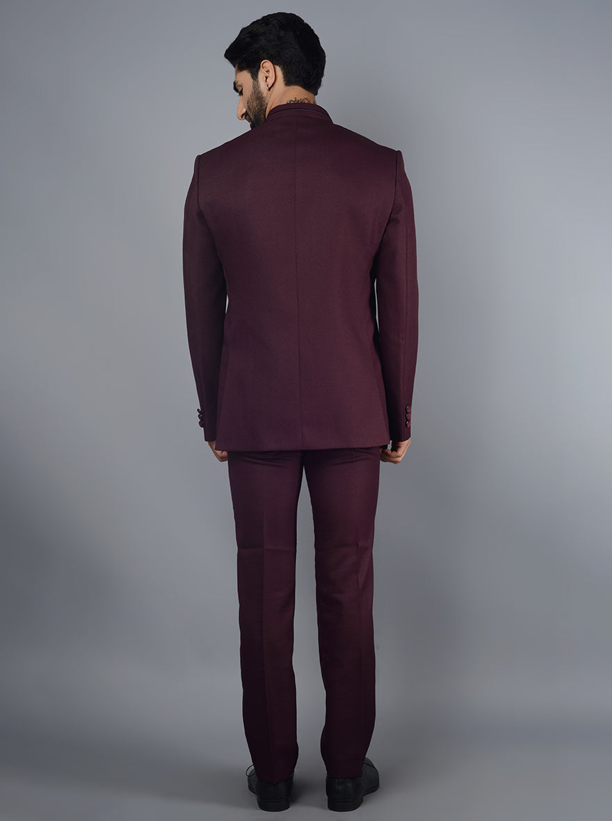 Formal wine jodhpuri suit with straight cut and full sleeves.
