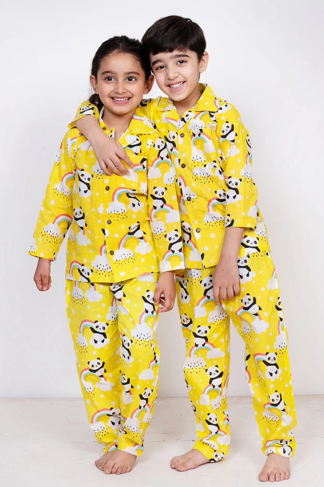 Lemony Yellow and White Floral Printed Night Suit Set For Brother and Sister