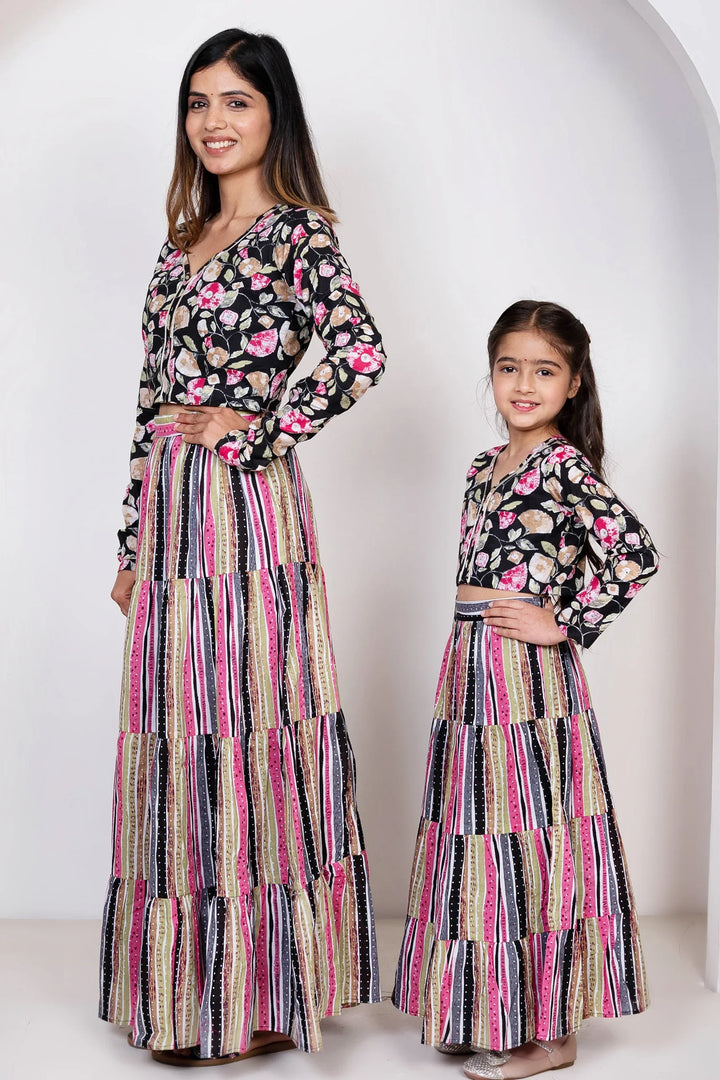 Black with Multi Color Floral Printed Lehenga With Matching Dupatta For Mom and Daughter Twin Set