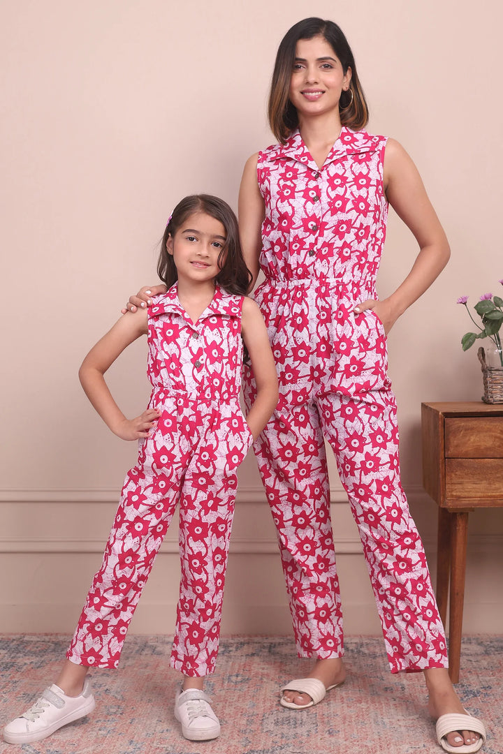 Fashionably Fuchsia: Sleeveless Collared Cotton Jumpsuit Mom and Daughter Twinning Set
