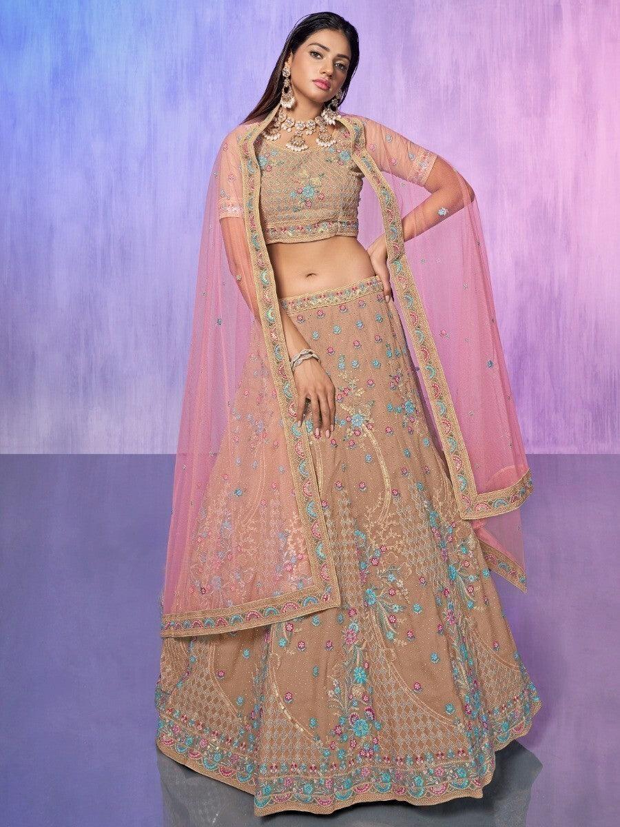 Peach Sequins Georgette Lehenga Choli | Elegant Bridal Ensemble