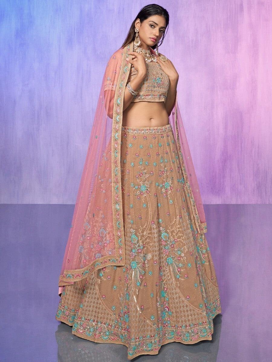 Peach Sequins Georgette Lehenga Choli | Elegant Bridal Ensemble