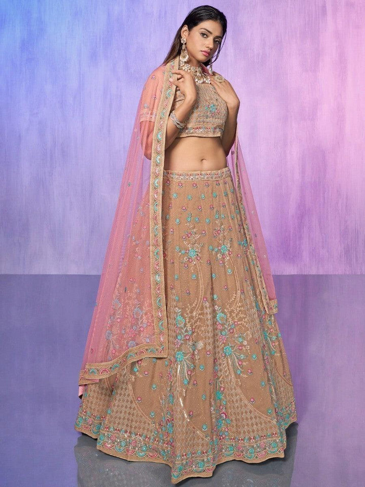 Peach Sequins Georgette Lehenga Choli | Elegant Bridal Ensemble