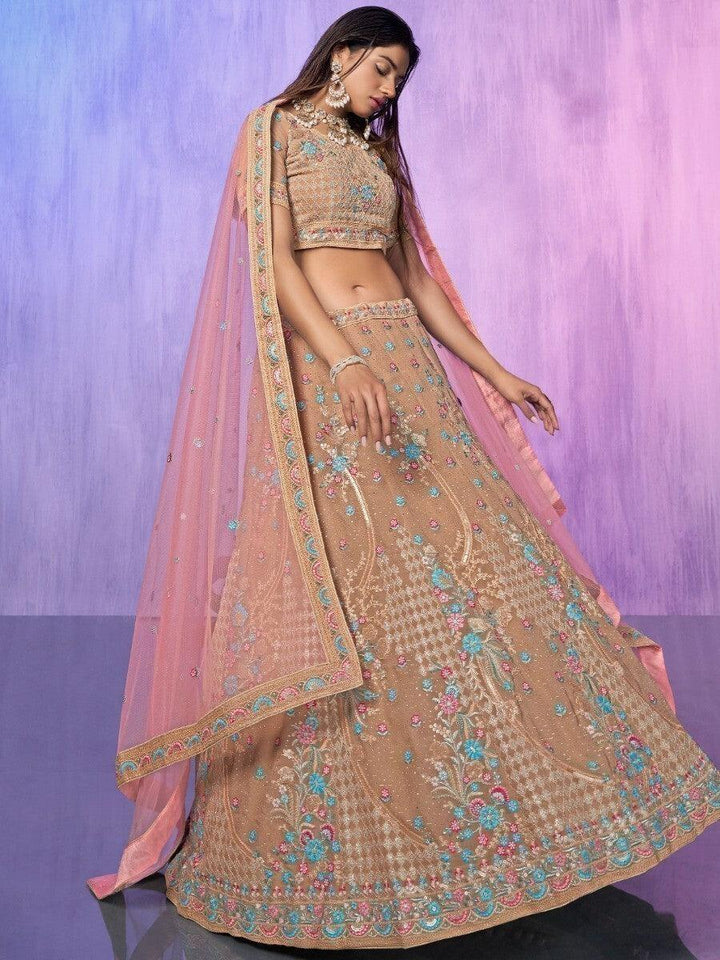 Peach Sequins Georgette Lehenga Choli | Elegant Bridal Ensemble