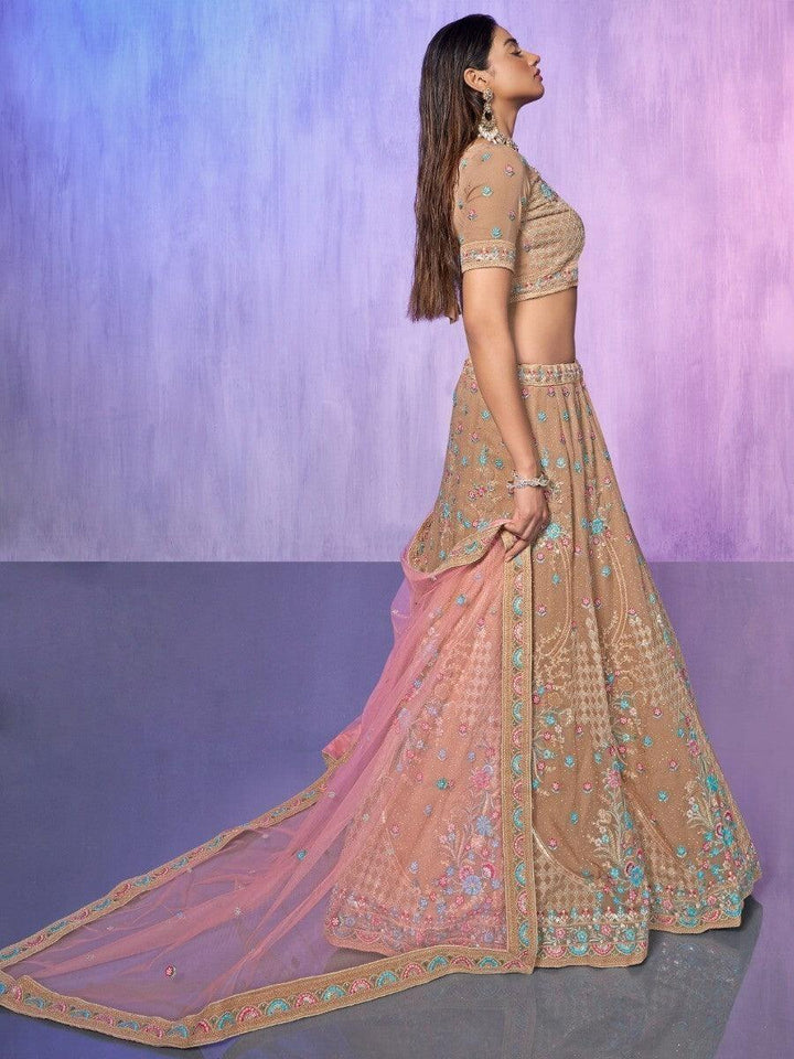 Peach Sequins Georgette Lehenga Choli | Elegant Bridal Ensemble