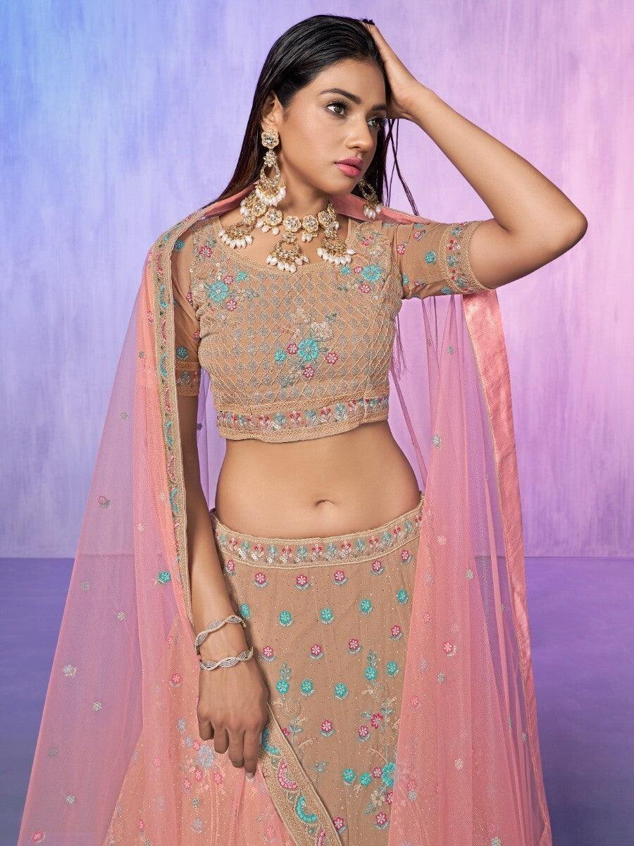 Peach Sequins Georgette Lehenga Choli | Elegant Bridal Ensemble