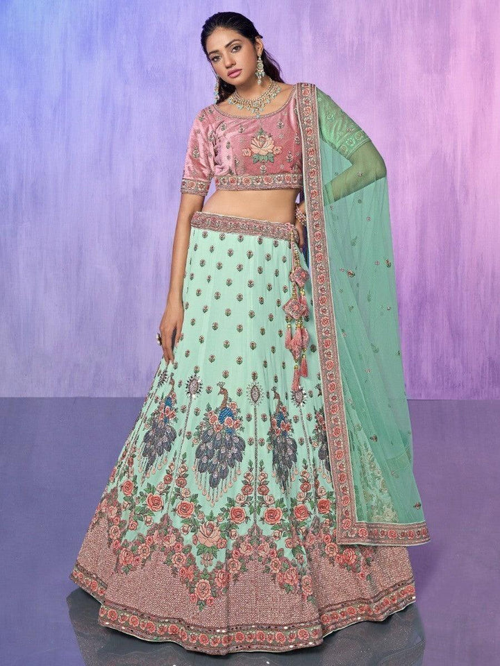 Aqua Green Georgette Lehenga Choli | Embroidered & Mirror Work Set