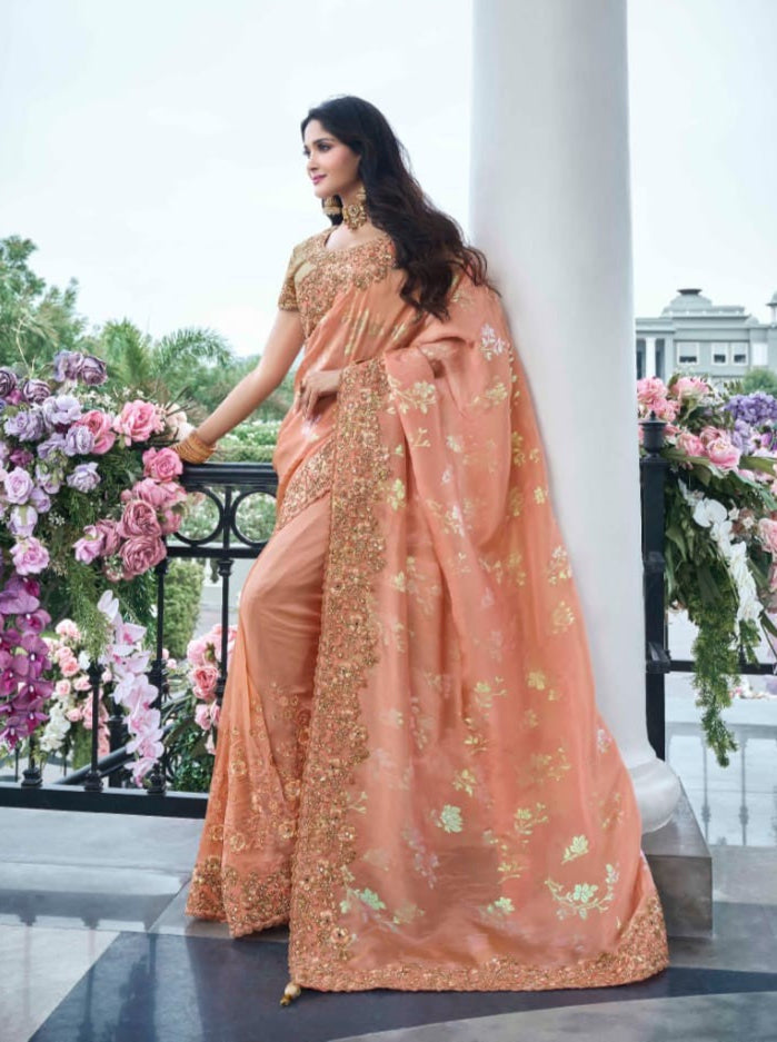 Elegant Peach Tissue Silk Saree | Intricate Zari Work & Mirror Detailing