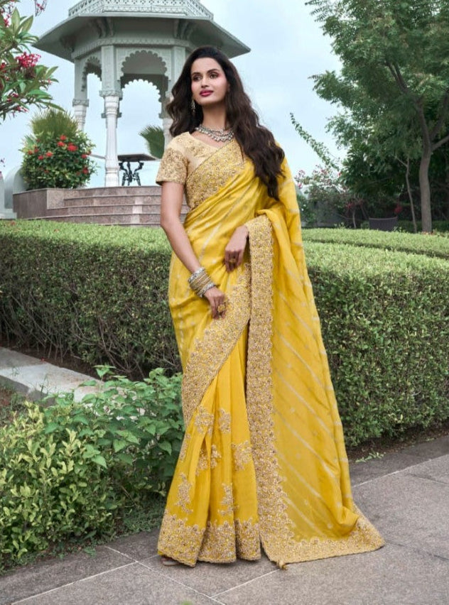 Radiant Yellow Tissue Silk Saree | Zari & Mirror Detailing for Celebrations