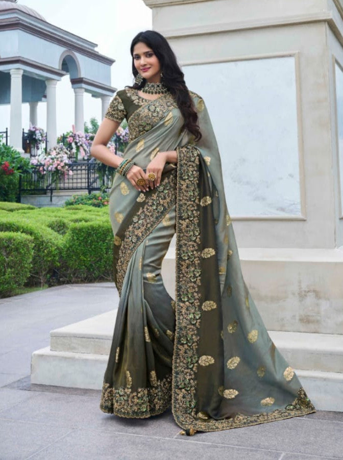 Stunning gray Tissue Silk Saree | Zari & Sequins for Elegant Occasions