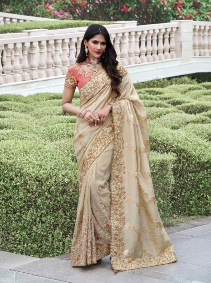 Timeless Beige Tissue Silk Saree | Zari & Sequins for Weddings & Special Events