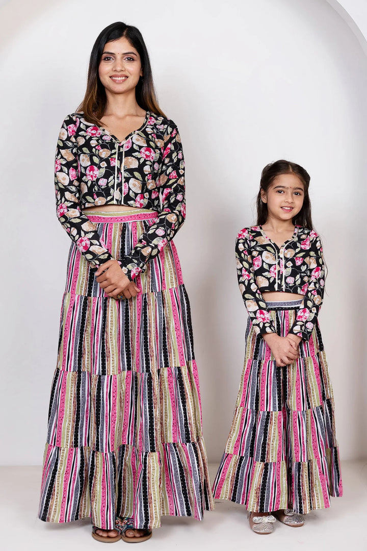 Black with Multi Color Floral Printed Lehenga With Matching Dupatta For Mom and Daughter Twin Set