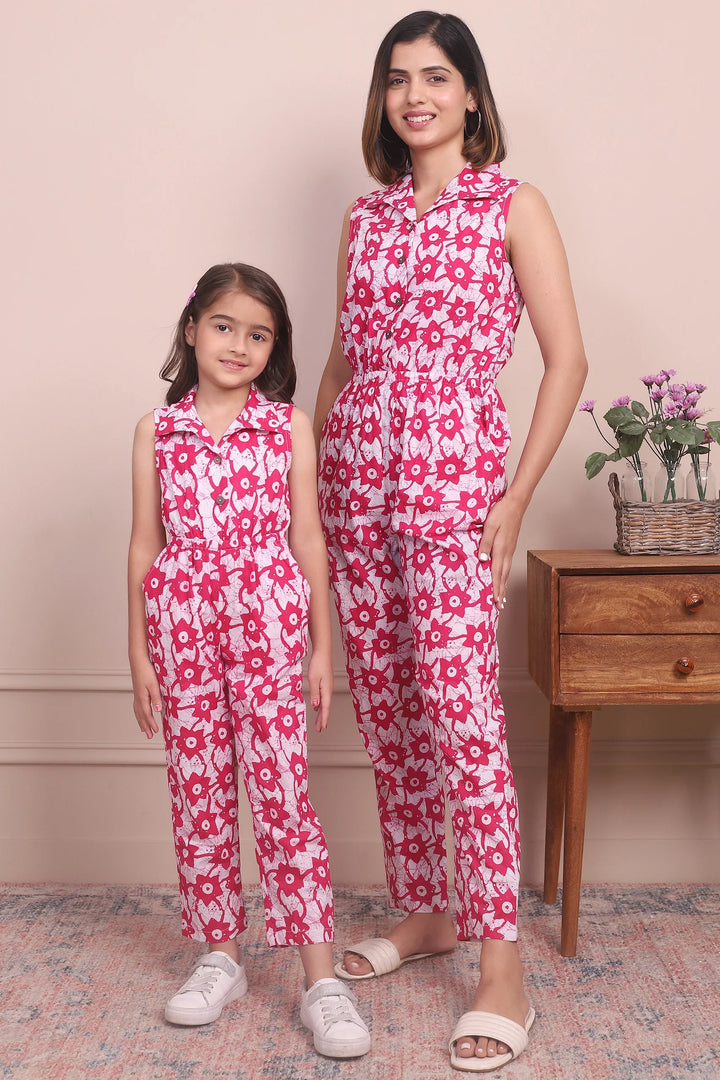 Fashionably Fuchsia: Sleeveless Collared Cotton Jumpsuit Mom and Daughter Twinning Set