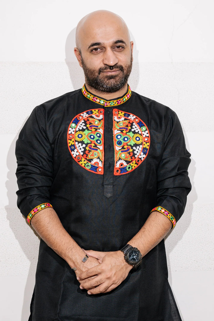Ethnic Hand Embroidered Black And Multi Color Lehenga Choli With Matching Kurta Pyjama Couple Twin Set