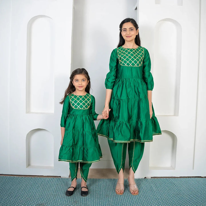 Green and Golden Tiered Kurta with Dhoti For Mom and Daughter Twin Set