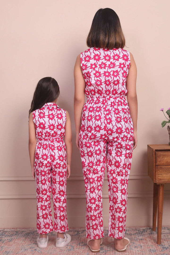 Fashionably Fuchsia: Sleeveless Collared Cotton Jumpsuit Mom and Daughter Twinning Set