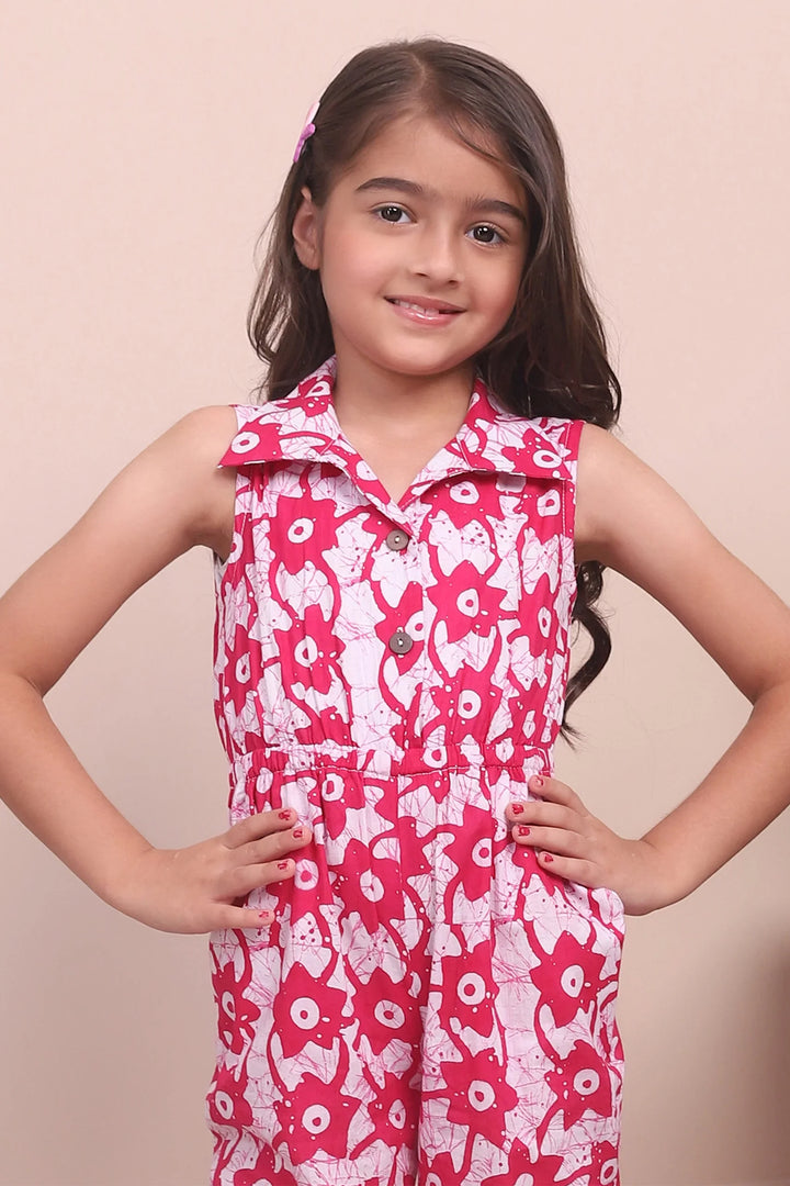 Fashionably Fuchsia: Sleeveless Collared Cotton Jumpsuit Mom and Daughter Twinning Set