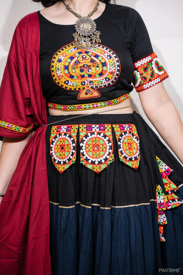Ethnic Hand Embroidered Black And Multi Color Lehenga Choli With Matching Kurta Pyjama Family Twin Set