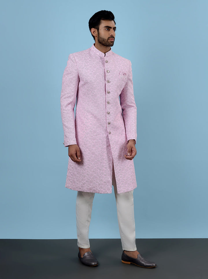 Pink embroidered men’s outfit, classic ethnic design