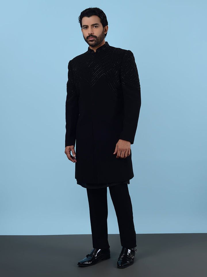 Men’s black Indowestern, perfect for sangeet events