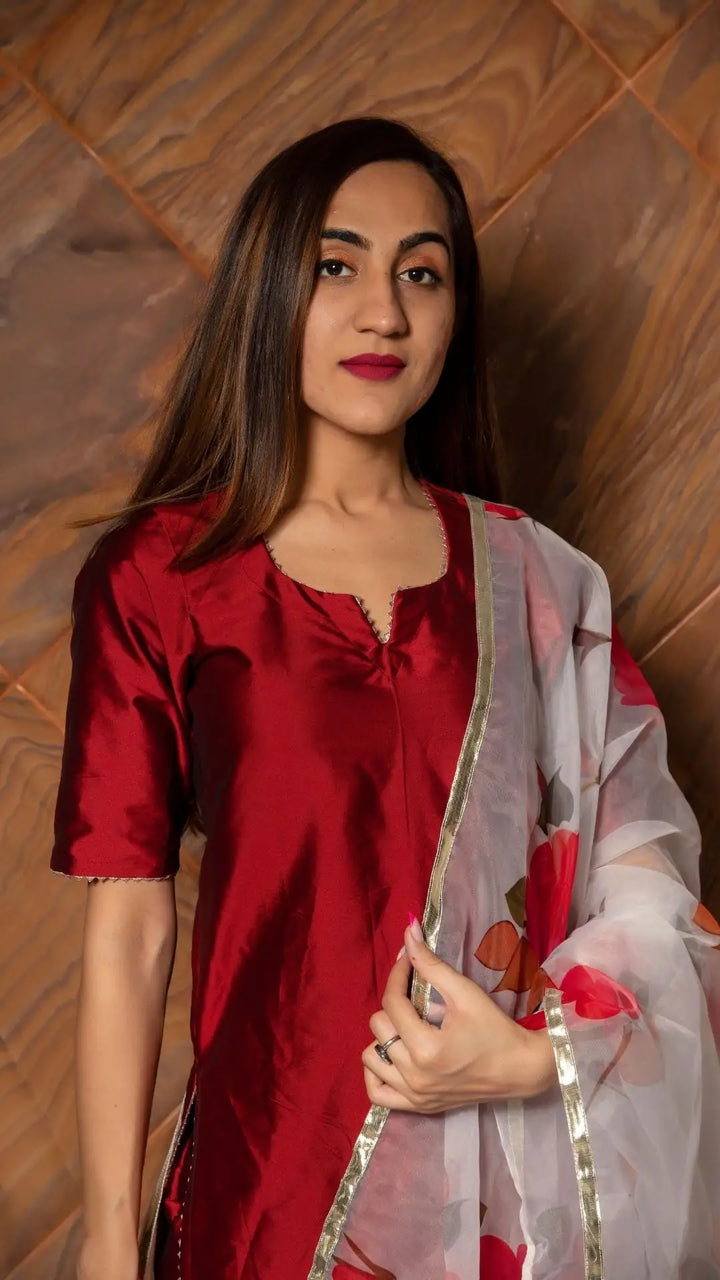 Maroon phool taffeta silk suit | with digital print organza dupatta set signature design