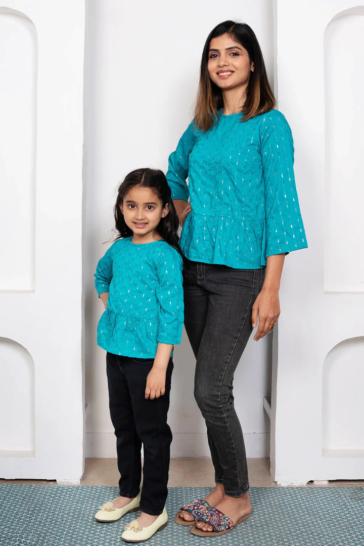 Twinning in Style: Blue & Silver Peplum Tops for Mom & Daughter