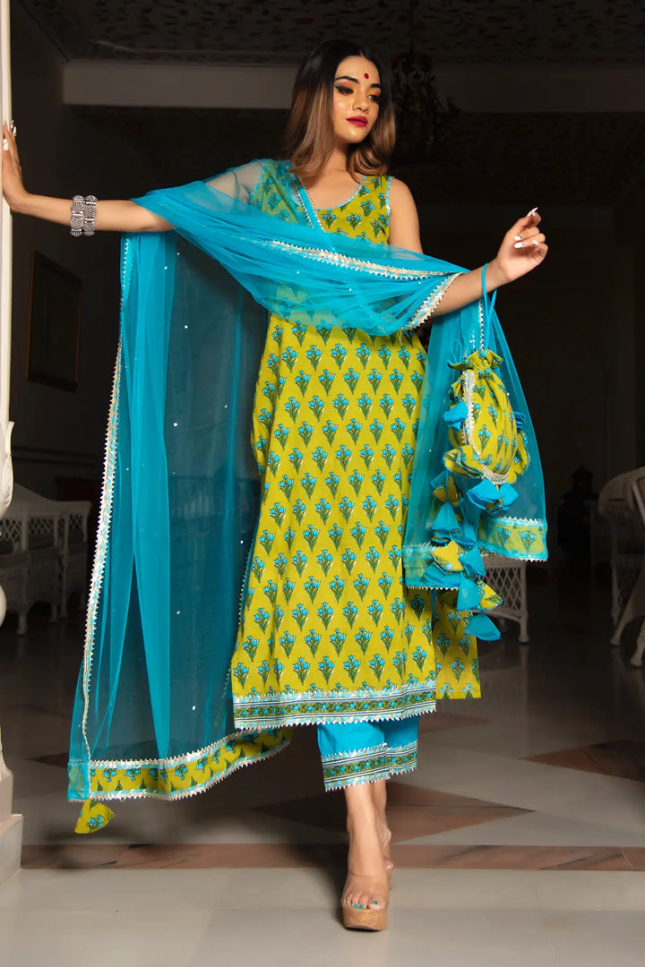 Gulzar Lime & Sky Blue Hand Block Cotton Kurta Suit Set | Organza Dupatta