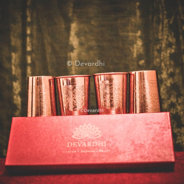 Copper Embossed Glass Set | Unique 4-Piece Drinkware Collection