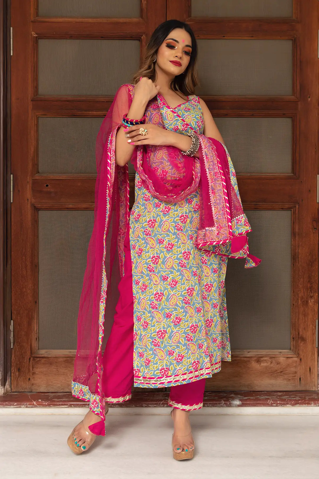 Jaipuri Straight Cotton Salwar Suit Set | Hand Block Print & Net Dupatta