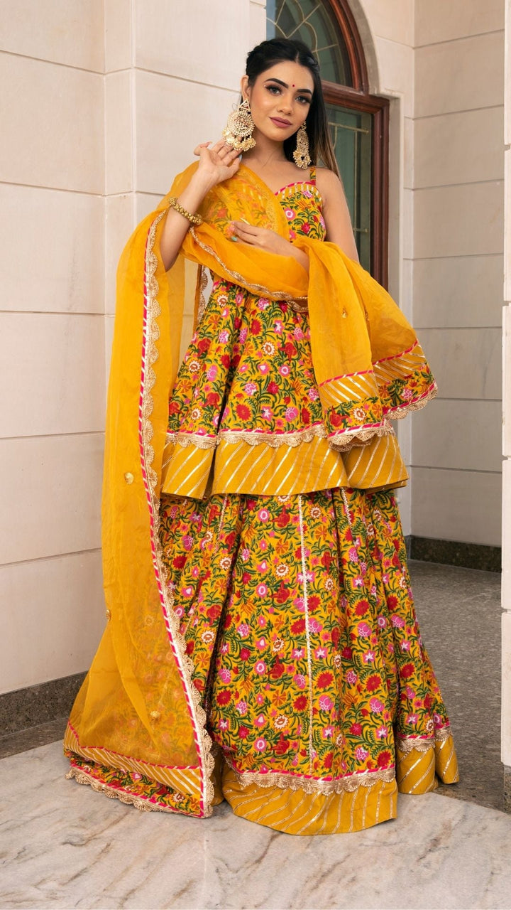 HALDI YELLOW HAND BLOCK PRINT LEHENGA SET - Pomcha Jaipur