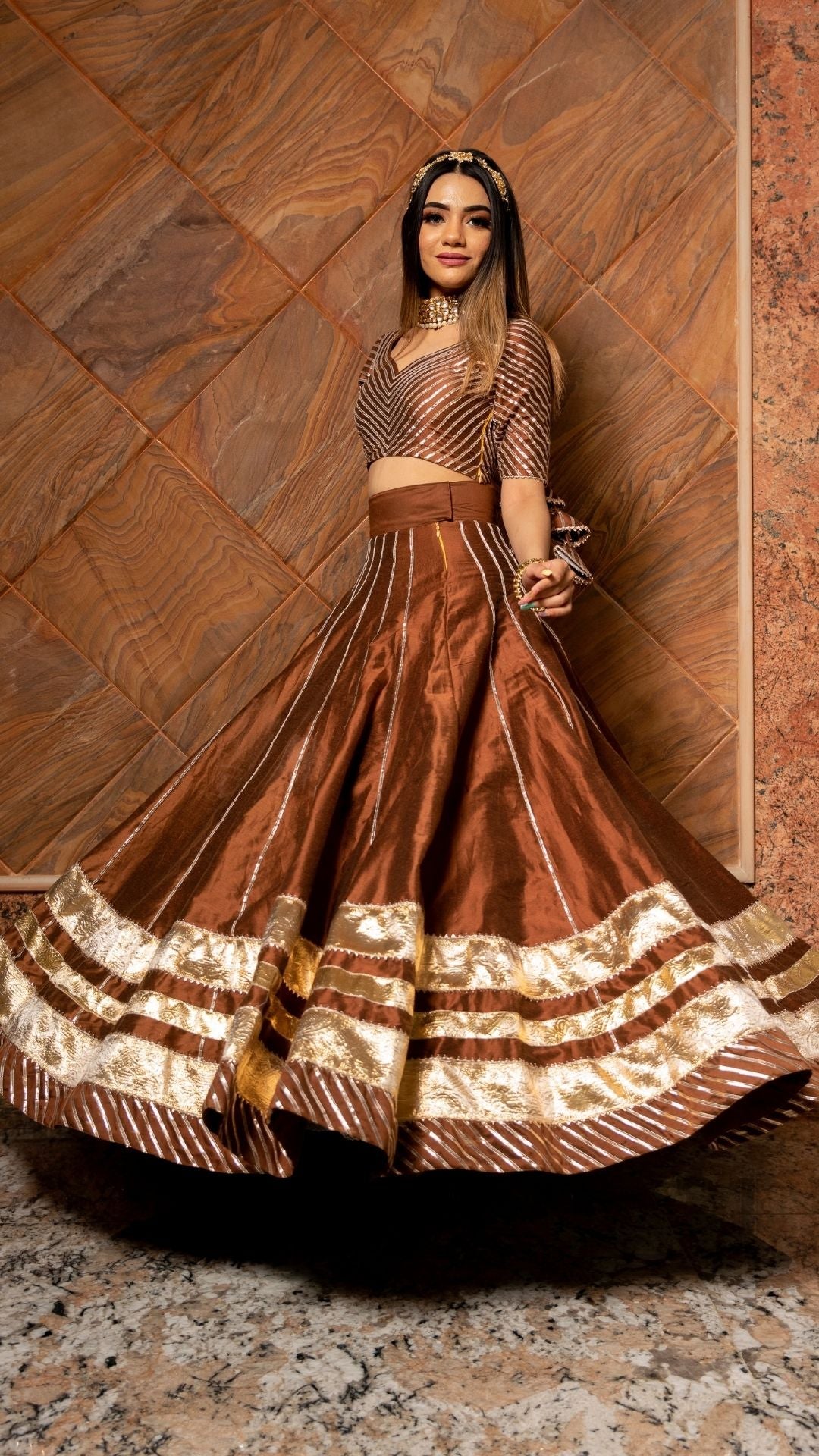 BANI THANI BROWN COTTON SILK LEHENGA SET - Pomcha Jaipur