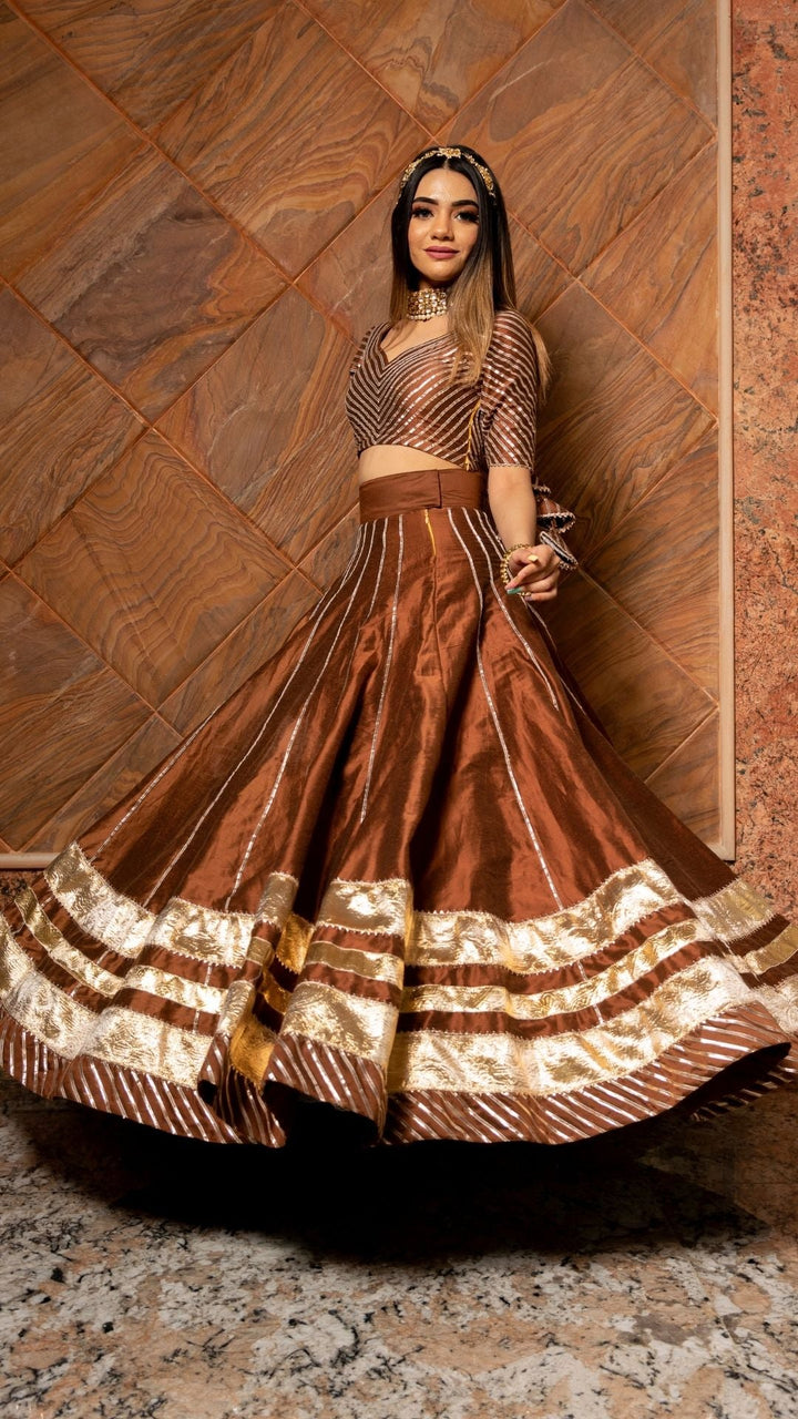 BANI THANI BROWN COTTON SILK LEHENGA SET - Pomcha Jaipur