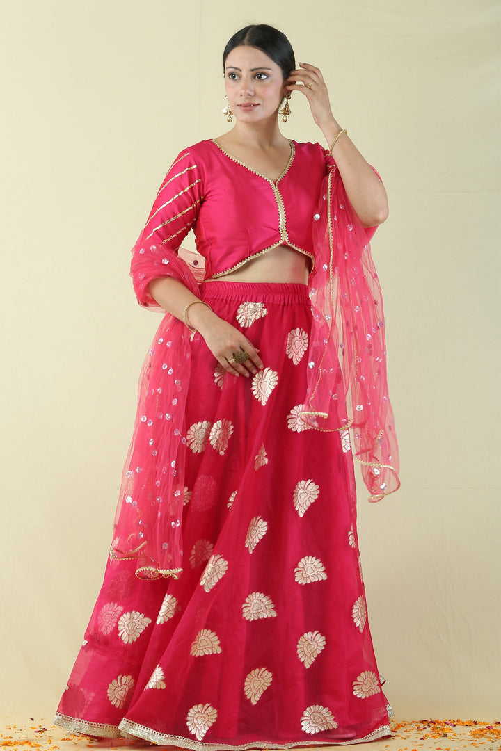 Fuchsia Pink and Golden Brocade Lehenga Choli Mom and Daughter Twin Set