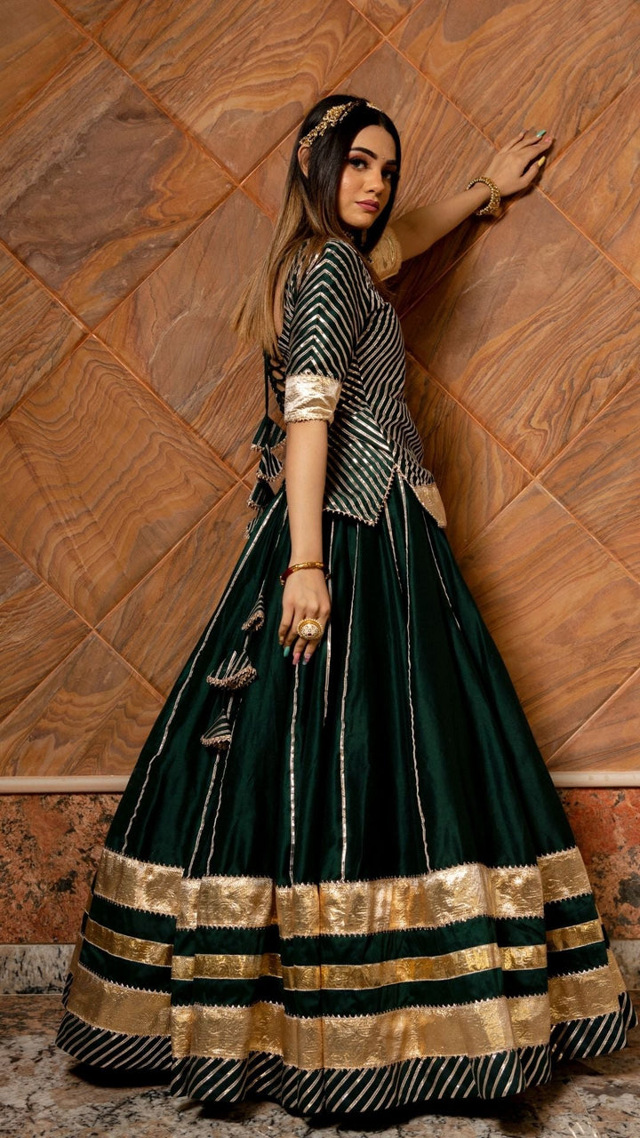 BAISA DARK GREEN COTTON SILK LEHENGA SET - Pomcha Jaipur