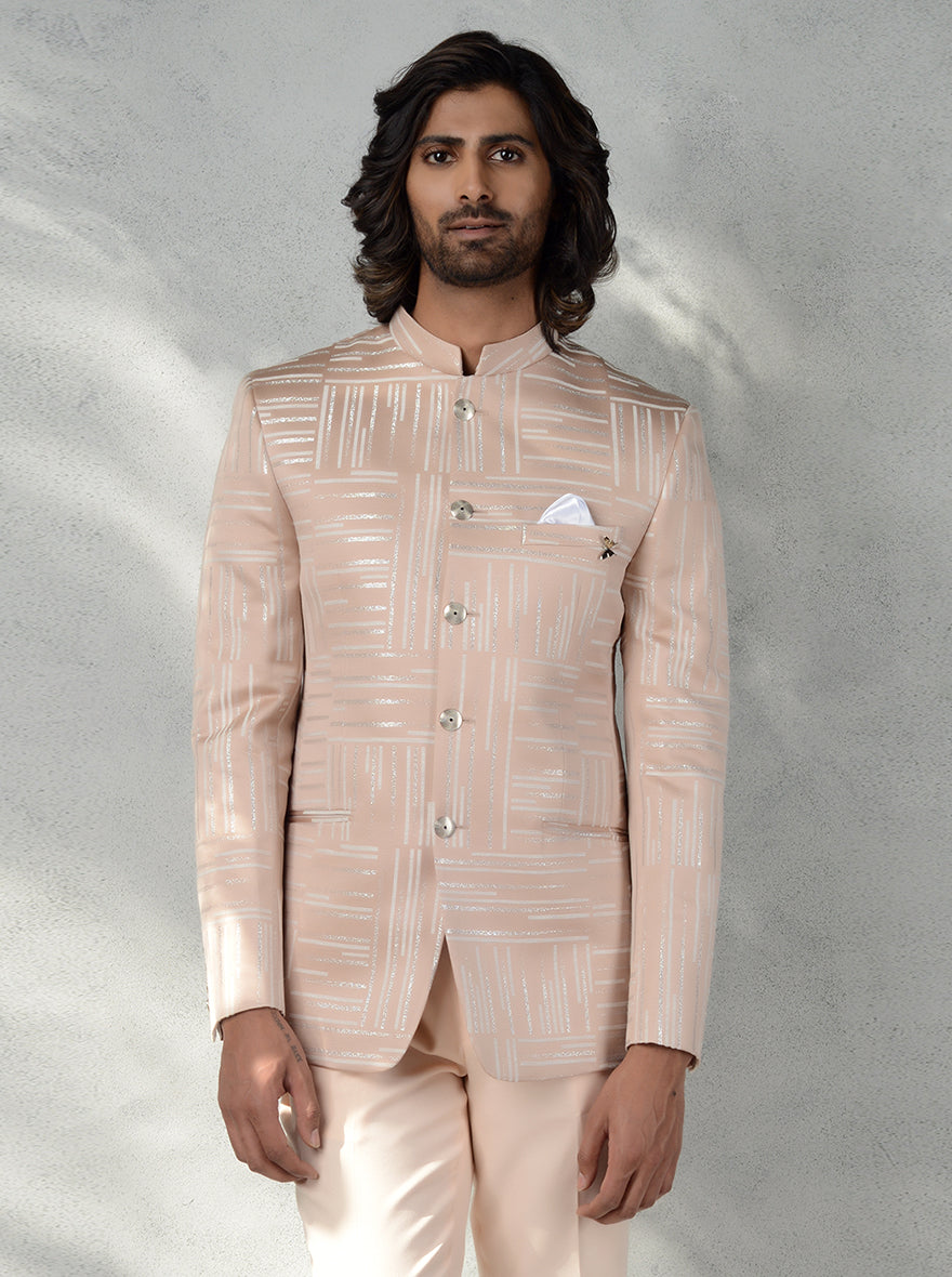 Peach & Cream Jodhpuri Suit with jacquard fabric, silver accents for men’s weddings.