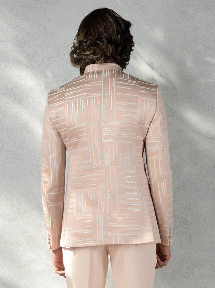Designer Peach & Cream Jodhpuri Suit for men, tailored with premium jacquard fabric.