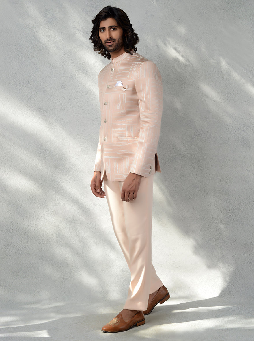 Stylish Peach & Cream Jodhpuri Suit for weddings, with contrast pocket square.