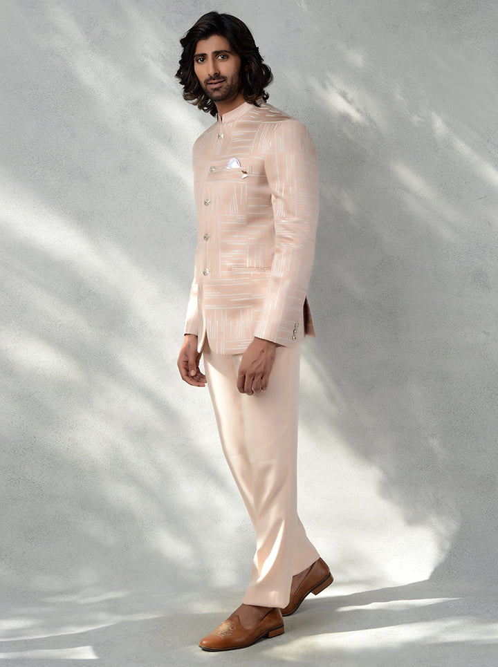 Stylish Peach & Cream Jodhpuri Suit for weddings, with contrast pocket square.