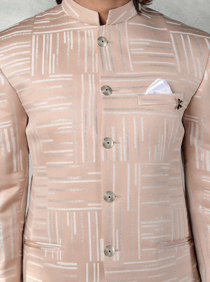 Traditional Peach & Cream Jodhpuri Suit with silver buttons and slim-fit trouser.